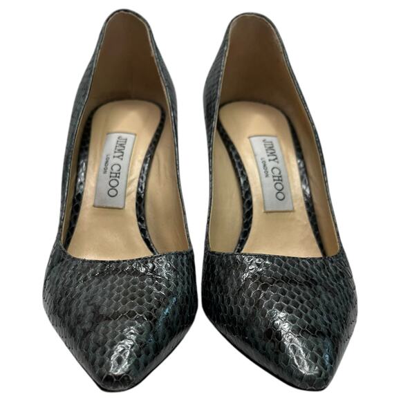 Jimmy Choo Heels Womens 37.5 7.5 US Green Black Snake Python Abel Pump Stiletto - Picture 8 of 13